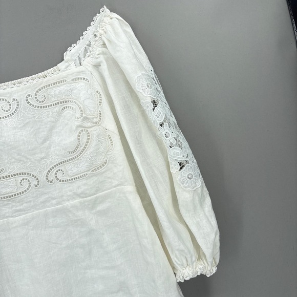 Farm Rio Dress Large White Mini Puff Sleeve Embroidered Linen Cottagecore Boho - Picture 4 of 16